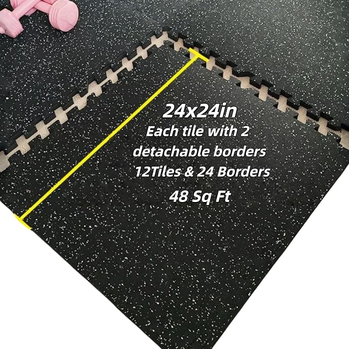 Interlocking Rubber Gym Mats 48 Sq Ft Heavy Duty Exercise Flooring for Home Gym, Weightlifting, Yoga, Playroom - Dual-Layer Non-Slip Noise Reducing Floor Protection Tiles