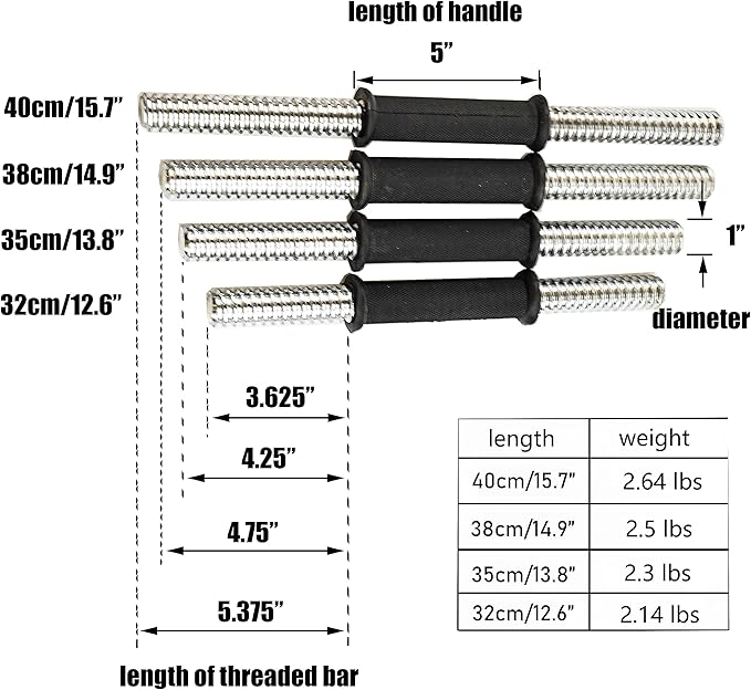 12.6/14.2/15.7inch(30/35/40cm)Pink Threaded Dumbbell Durable Rubber Handles/Adjustable Dumbbell Bar Handles - Fit 1 inch Standard Weight Plate - Weightlifting Accessories - Sold in Pair