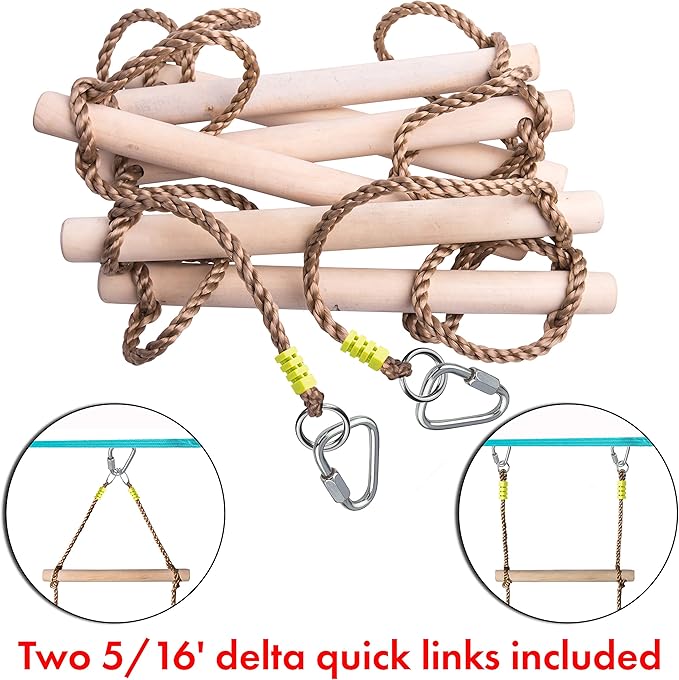 Wooden Rope Ladder for Kids with Ground anchoring - Lenght 6.5'(2m) Width 16"(40cm) - Outdoor or Indoor Climbing Rope Ladder for Ninja Slackline, Backyard, Playground, Home Gym, Park, Treehouse