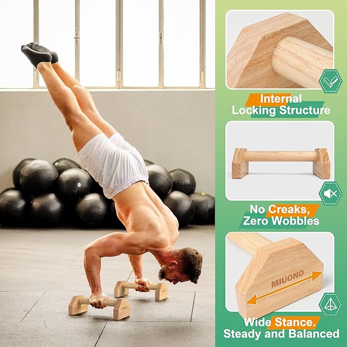 Parallettes Push Up Bar, Oak Wood Calisthenics Equipment for Home Gym with Non-Slip Base, Handstand Trainer Push Up Handles for Floor Dip Workout and Strength Training