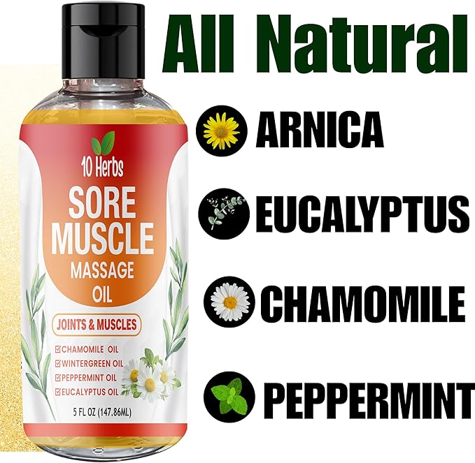 Premium Body Massage Oil for Sore Muscles and Joints, with Eucalyptus, Chamomile & Peppermint Oil