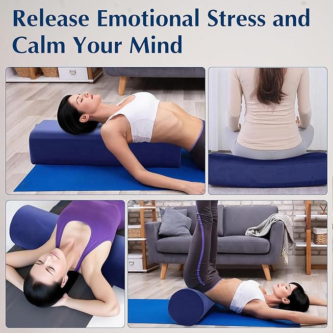 2-Pack Yoga Bolster Pillow Set: Rectangular & Cylinder Pillows for Meditation and Support, Yoga Pillows with Washable Velvet Cover, Triple-Layer Sponge with Carry Handle, Blue