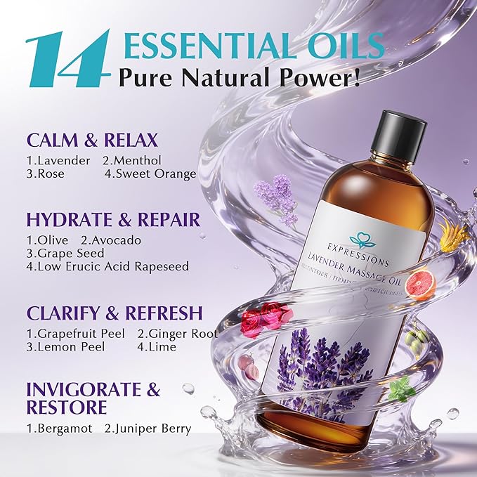 Anti Cellulite Massage Oil for Massage Therapy - Body Firming Oil for Sore Muscle Relief with Lavender, Ginger & Grapefruit for Lymphatic Drainage and Relaxation