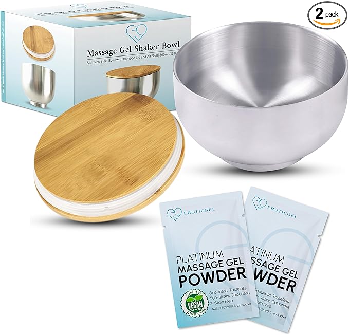 Platinum Nuru Massage Gel Powder and Bowl Set | 2 x Massage Powder 5g Sachet | 1 x 16 fl oz Bowl | Ideal for Relaxing Nuru Massage | Tasteless, Colorless, Stain-Free