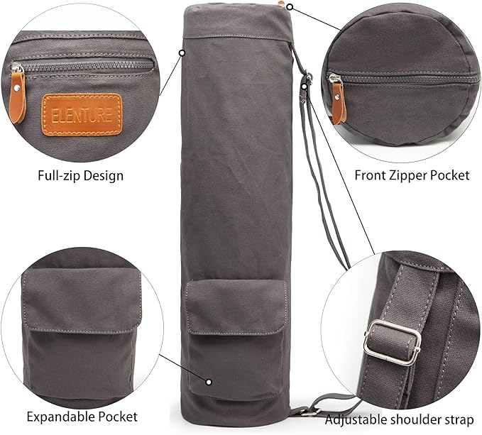 Canvas Yoga Mat Bag with Adjustable Strap & Pockets, Full-Zip Travel Gym Tote for Women & Men, Fits 1/4" & 1/3" Thick Mats, Lightweight Carrier for Yoga, Studio, Workout, Outdoor Use