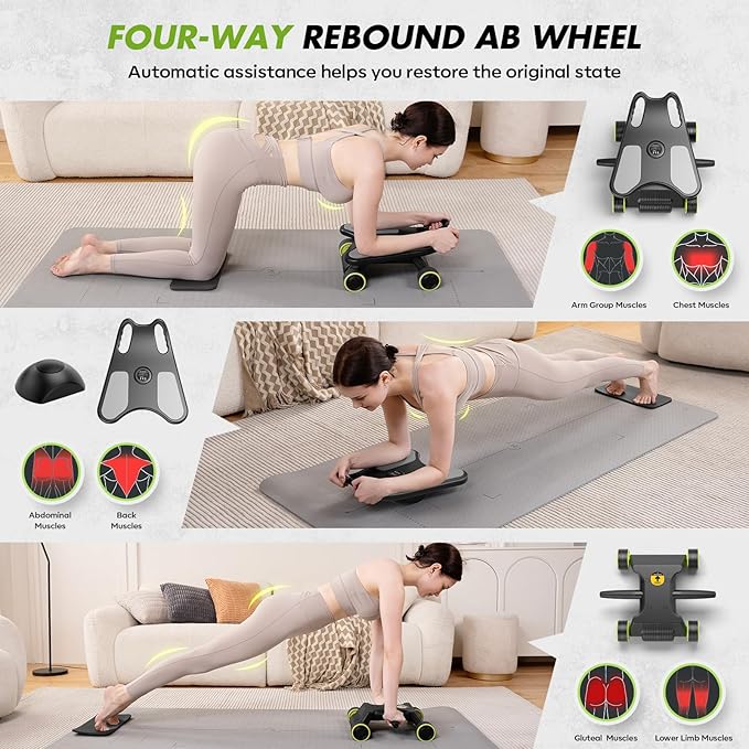 Ab Roller with Elbow Support, Ab Roller Board Core Workout Machine with 4 Wheels, Mini Pilates Reformer Equipment for Home Gym, Abdominal Full-Body Strength Exercise Trainer with Knee Pad
