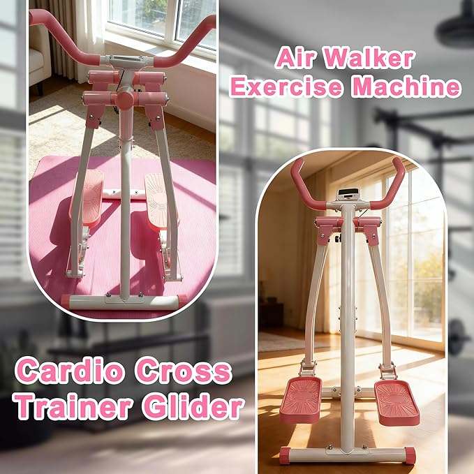 Elliptical Machine Glider - Foldable Cardio Cross Trainer for Home, Exercise Machine with LCD Display, Low-Impact Full-Body Workout Equipment for Small Spaces, Leg and Arm Exercise Machine, Pink