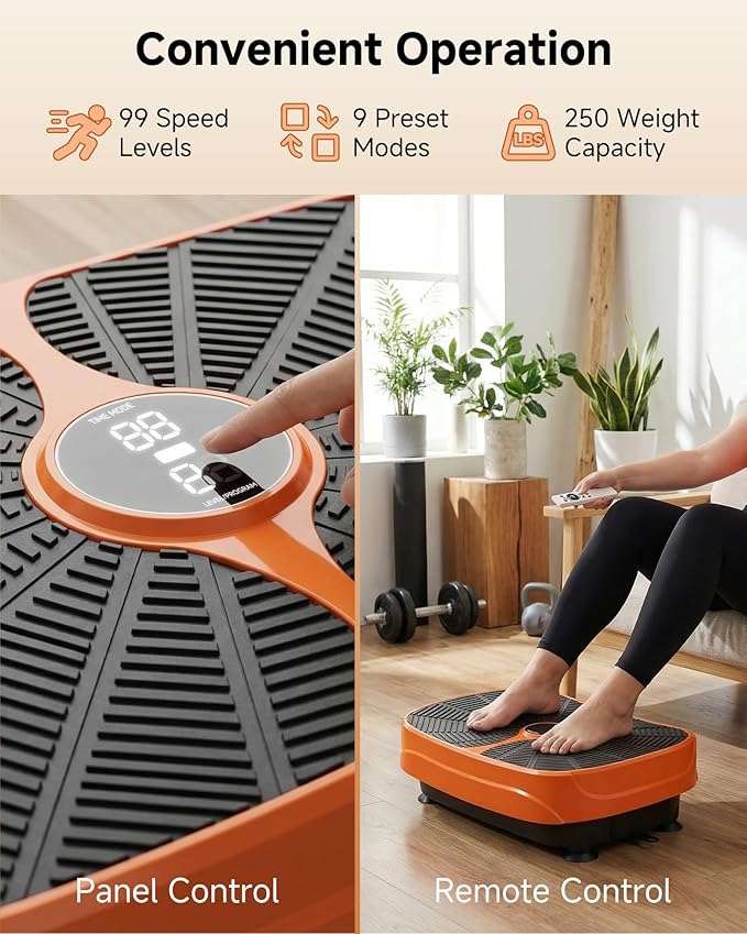 GORISE Vibration Plate Exercise Machine for Lymphatic Drainage & Weight Loss - Full Body Workout Fitness Platform with Remote, Vibrating Plate Home Gym Equipment for Muscle Relief, Orange