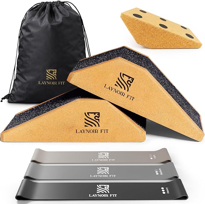 2-Pack Cork Squat Wedge Block with Anti-Slip Pads, Resistance Bands & Carry Bag – Adjustable Slant Board for Calf Stretch, Squats & Home Gym Training