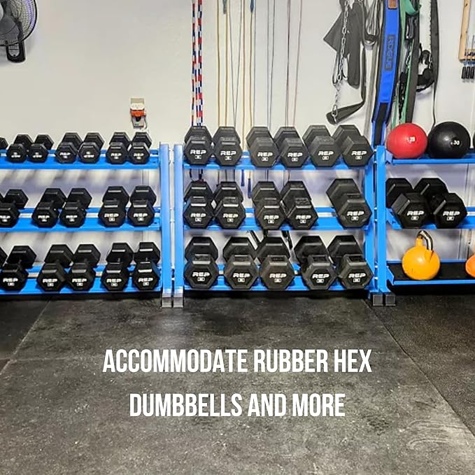 Rep Fitness Dumbbell Rack | 3-Tier Compact Holder | Fits Sets 5-50 lb | Weight Storage Stand | Rubber Hex Organizer | Free Weights Shelf | Heavy Duty Steel Frame | Gym Equipment for Home