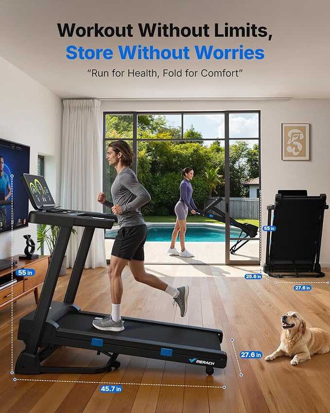 MERACH Incline Treadmill with Incline 6%-15%, 7-Layer Belt 300LBS Capacity Tredmill Foldable Handle Running Treadmills for Home, 0.5-7.5MPH 3.0HP Incline Folding Treadmill LED with APP Threadmill