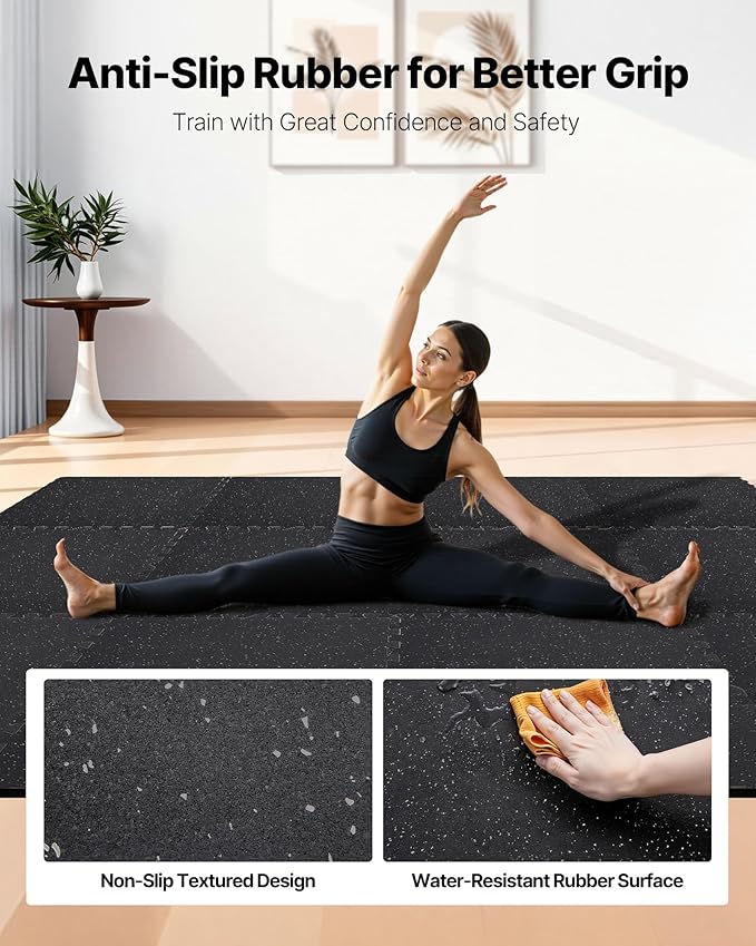 VEVOR 0.4Inch 96sq.ft 24 Tiles Gym Flooring for Home Gym, Rubber Top with High Density EVA Foam, 24 x 24In Gym Floor Exercise Equipment Mats, Interlocking Gym Mats, Puzzle Workout Mats, Black & Gray