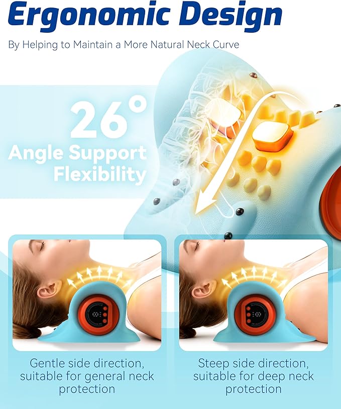 Neck Massager 2025, New Upgrade 26° Angle Neck Massager Pillow with Heat, 3 Modes and Multi-Directional Stretch, 3 in 1 Neck Stretcher Cervical Traction Device - Neck & Shoulder Relief(1PCS)
