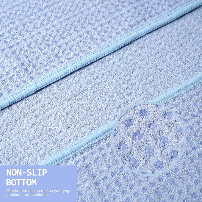 Eunzel 2 Pack Hot Yoga Towel, Non-Slip Yoga Mat Towel with Grip Dots Stickyfiber Sweat Absorbent Towel for Hot Yoga, Pilates and Workout 72" x 24", Blue