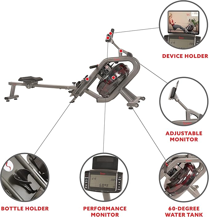 Sunny Health & Fitness AquaStrive Series Smart Water Rower, 300LB Capacity Plus Dynamic Hydro Resistance for Home Cardio Workout, Free SunnyFit Training App Connection