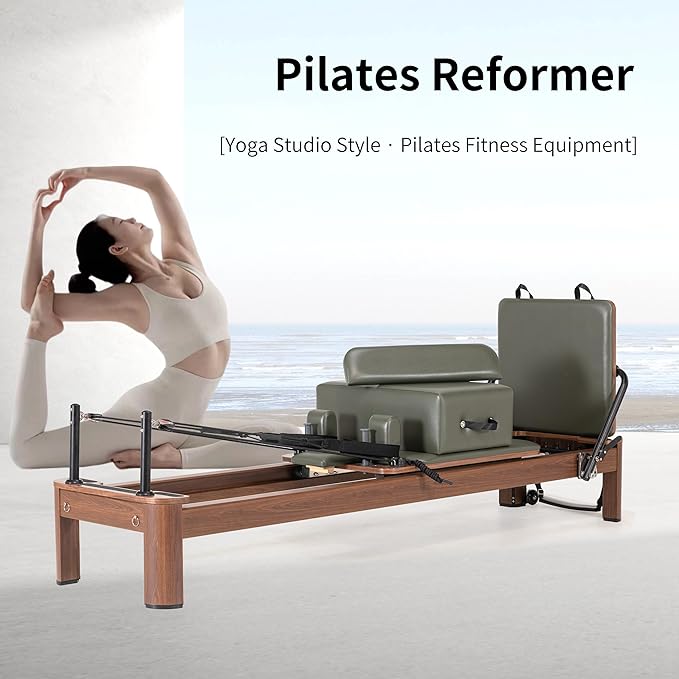 Foldable Oak Wood Pilates Reformer Machine with Reformer Box & Jump Board for Home, Studio, Gym & Yoga - 12-Level Resistance, Adjustable Shoulder Pad, Lightweight Aluminum Frame & PU Leather Carriage