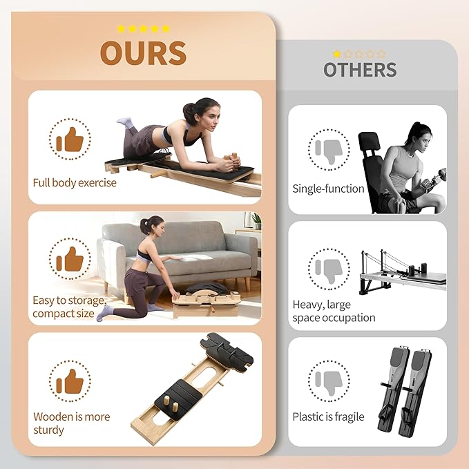 Pilates Reformer Machine,Wooden Foldable Pilates Board, Multifunctional Stable Pilates Reformer Board for Home Workout, Three Level Tension Adjustment, 6 in 1 Pilates Equipment for Woman