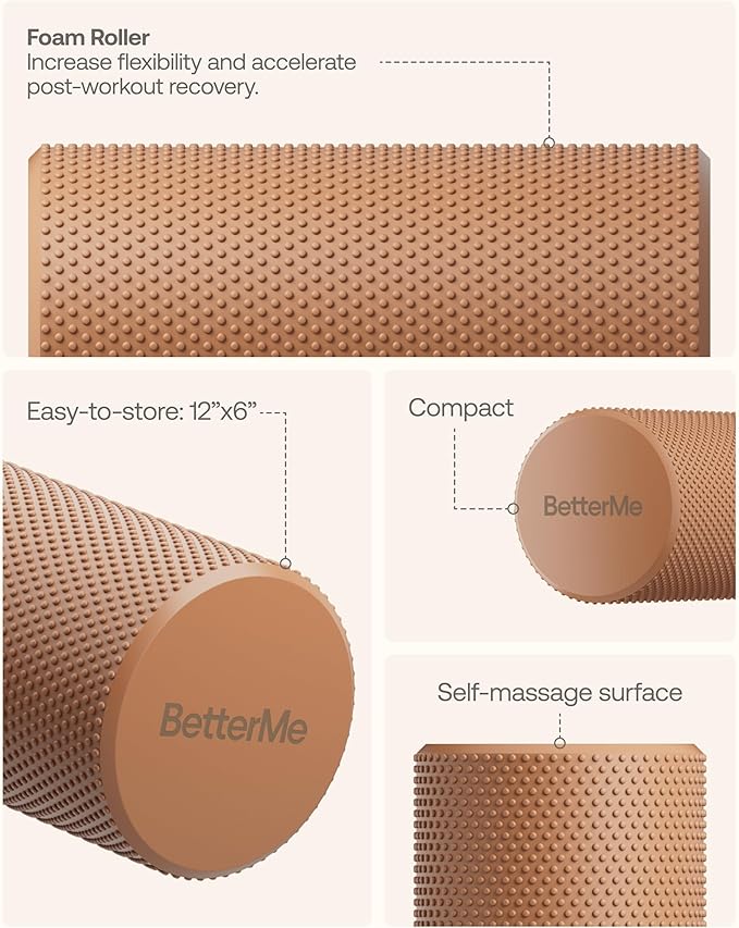 BetterMe Foam Roller for Muscle Recovery – High Density Exercise Roller for Back &Legs – Deep Tissue Massage Roller for Tension, Relief & Stretching (Mocha)