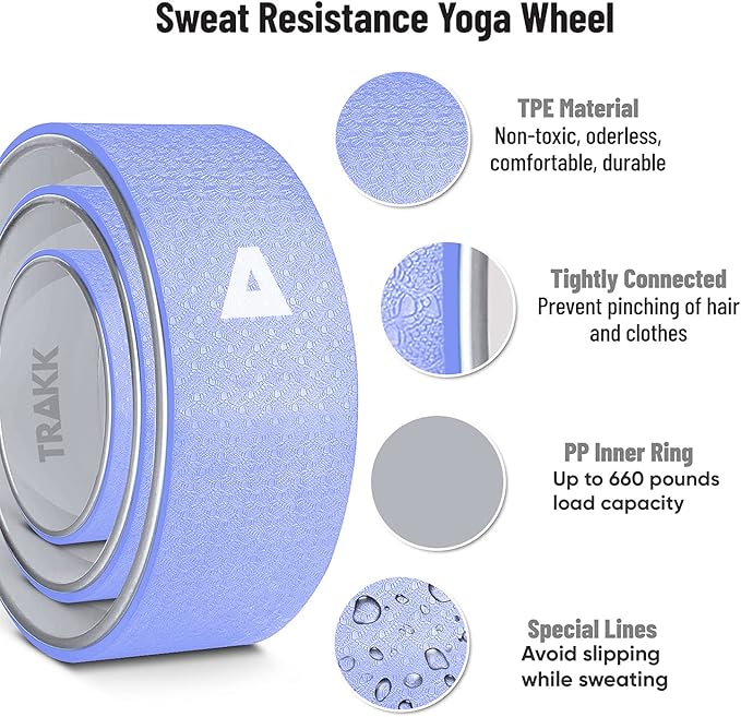 TRAKK Sport 12 Inch Foam Roller Yoga Wheel for Back Pain Relief, Stretching, Tissue Massage, and Spinal Alignment, Supports 350 Pounds, Silver & Blue