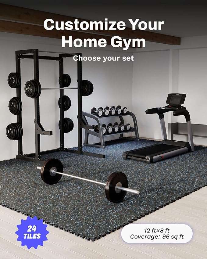 AIRHOP 0.79in Thick 96 Sq Ft Exercise Equipment Mats, 24 Tiles Upgraded Rubber Top with High Density EVA Foam, Large Interlocking Puzzle Gym Flooring for Home Gym, Heavy Weight Workout,Black & Blue