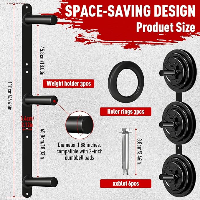 Wall Mounted Weight Plate Holder - Fit 2inch Olympic Weight Plates, Protective Rubber Pad