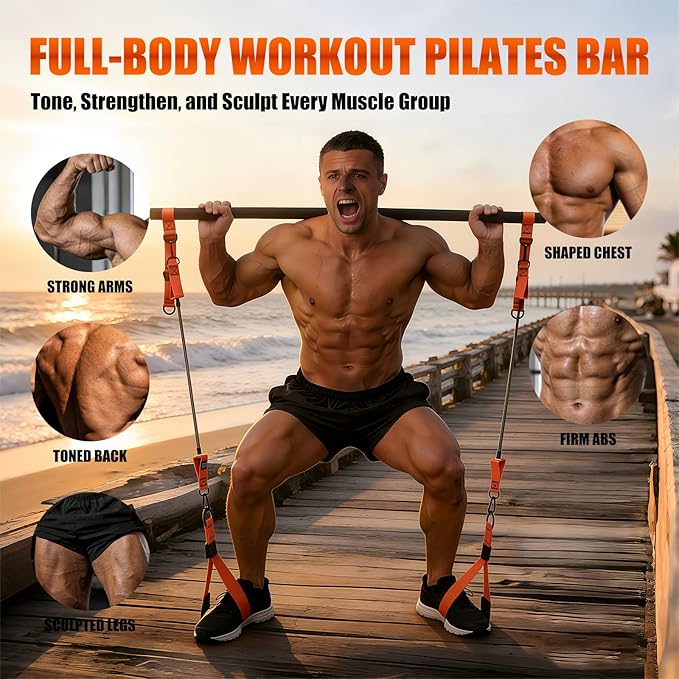 Pilates Bar Kit with Resistance Bands for Men, Heavy Duty Home Gym Equipment for Full Body Workout, Strength Training, Legs, Hips, Arms, Abs, Chest – Portable Pilates Stick