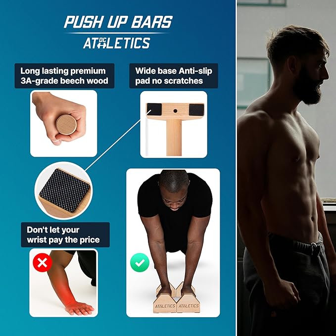 DC ATHLETICS® Push Up Bars – Parallettes with Anti-Slip Pads & Rock-Solid Base – Joint-Friendly Basebar -FSC-Certified Beech Wood – Calisthenics, Handstand & Planche Training