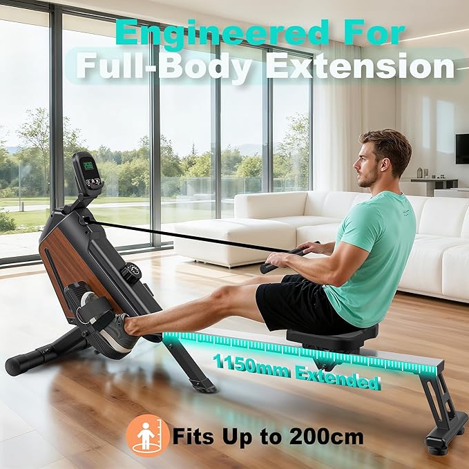 Rowing Machine Magnetic Rower with 16 Resistance Levels, Quiet Home Rowing Machine for Cardio Training, APP Connection, 160 kg Load Capacity, Vertical Storage