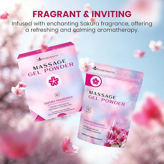Massage Gel Powder 50g | Sakura Fragrance | Made in Japan | Smooth and Slippery Gel for Wellness and Relaxation | 50g Makes 1.32 Gallons/ 5 litres | Just Add Water