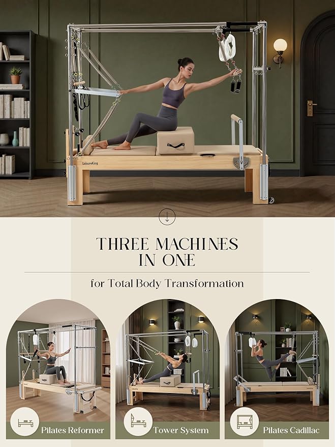 Pilates Reformer Machine, Quick-Assembly Studio Grade Pilates Equipment for Gym and Home, Oak Wood Pilates Reformer with Reformer Accessories