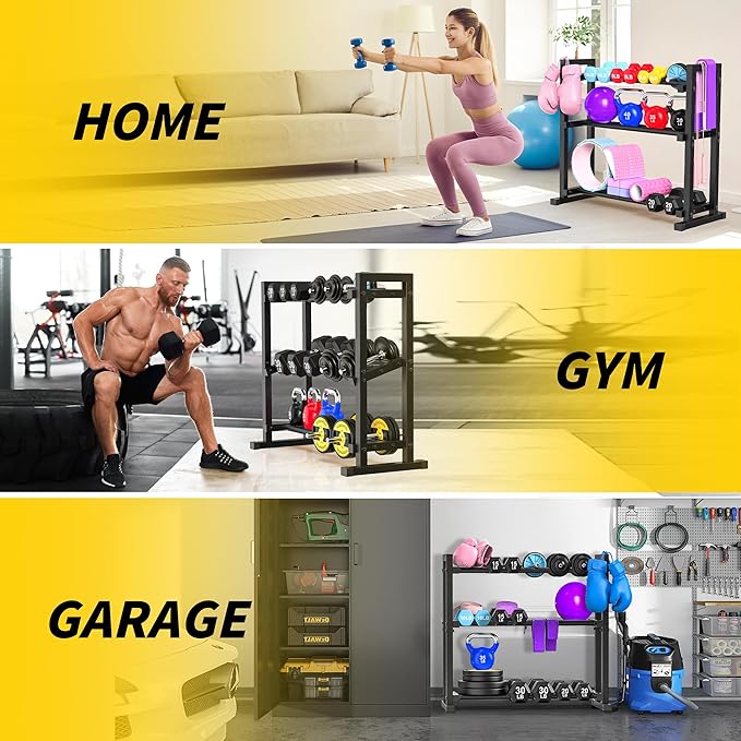 3-Tier Adjustable Dumbbell Rack, Weight Rack for Home Gym Storage, Heavy Duty Weight Stand for Dumbbells, Kettlebells & Free Weights, Space-Saving Dumbbell Rack Stand Only(Up to 450LB Capacity)