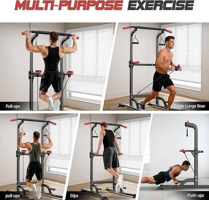 Power Tower Pull Up Bar Free standing with Resistance Bands, 350LBS Heavy Duty Alloy Steel Dip Station for Home Gym Strength Training, Adjustable Height Workout Equipment