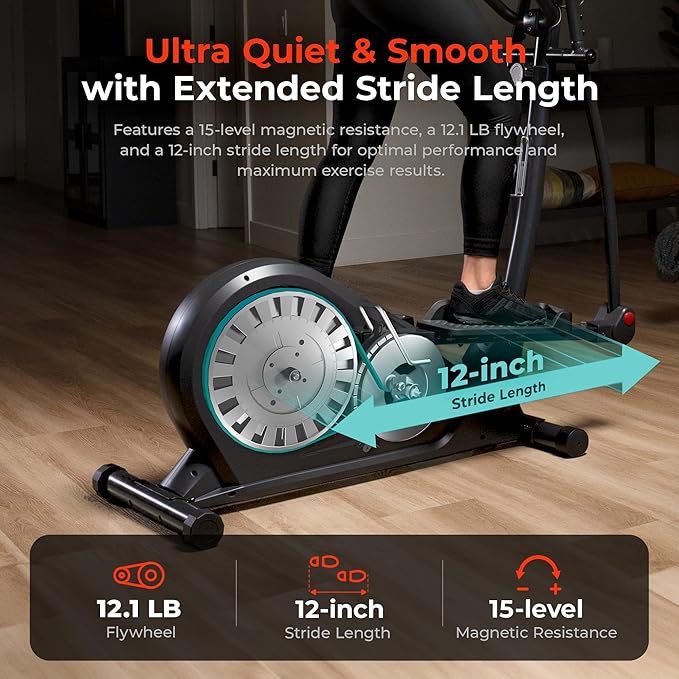 Sunny Health & Fitness Elliptical Machine with Extended Stride, Ultra Quiet 300 lbs Capacity Cross Training Cardio Fully Body Exercise for Home, Sunny Fit App Access, Optional 12" or 16" Stride Length