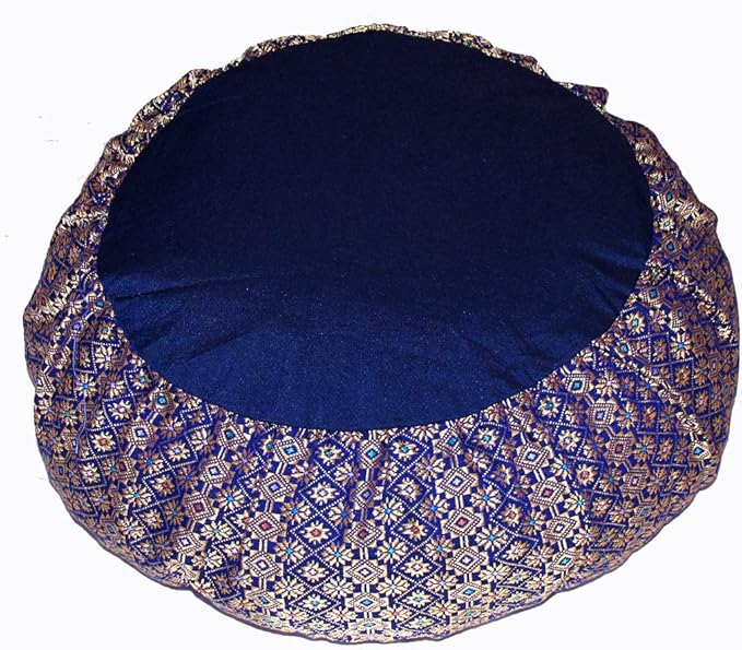 Meditation Cushion Zafu Pillow Buckwheat - Silk Brocade Blue