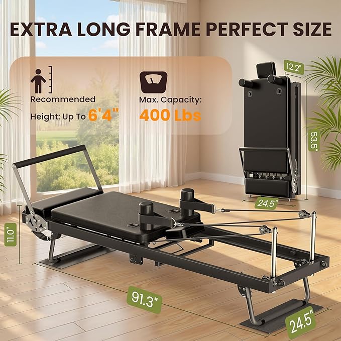 91“ Pilates Reformer Machine – Foldable Full-Body Home Pilates Equipment with Adjustable Resistance, Jumpboard, Upgraded Wheels, 400lb Support, for Rehab & Core Strength