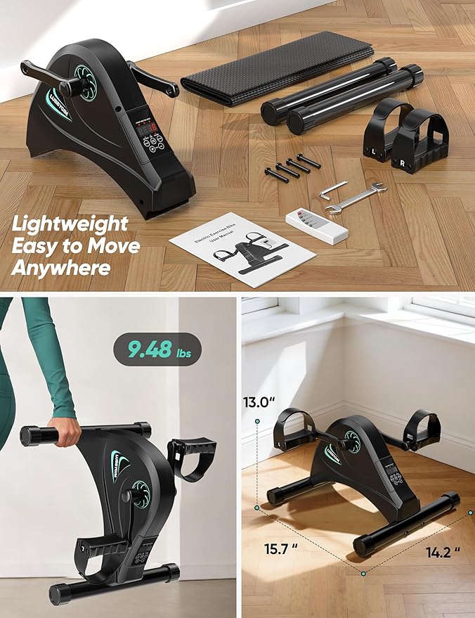 LUBBYGIM Mini Exercise Bike, Under Desk Bike Pedal Exerciser for Seniors & Physical Therapy, Electric Motorized Foot Pedal Machine for Arm and Leg Fitness, 6 Speed Levels