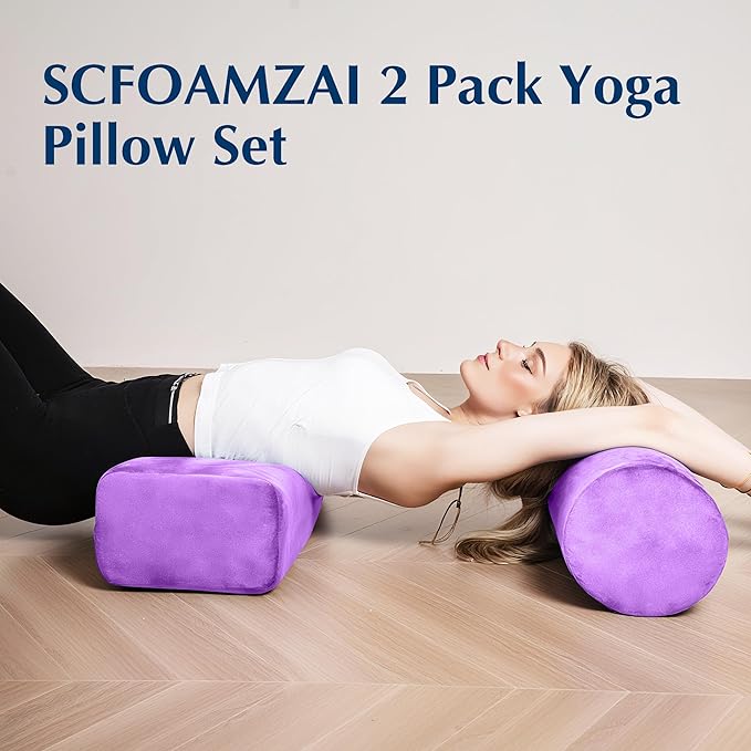 2-Pack Yoga Bolster Pillow Set: Rectangular & Cylinder Pillows for Meditation and Support, Yoga Pillows with Washable Velvet Cover, Triple-Layer Sponge with Carry Handle, Purple