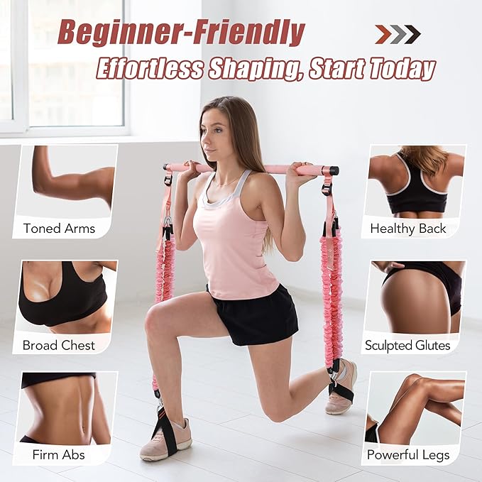 Upgraded Pilates Bar Kit with Resistance Bands Natural Latex for Women & Men, Heavy-Duty Stainless Steel Multifunctional Yoga Pilates Stick for Home Gym Exercise Fitness Equipment Full-Body Workouts