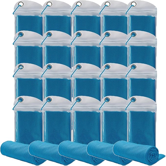 Pack of 20 Cooling Towel 40x12'' Ice Towel for Neck and Face Microfiber Chilly with Bag Breathable Yoga Gym Stay Cool Towels Sweat Rag for Workout Running Camping Pilates Beach, Light Blue