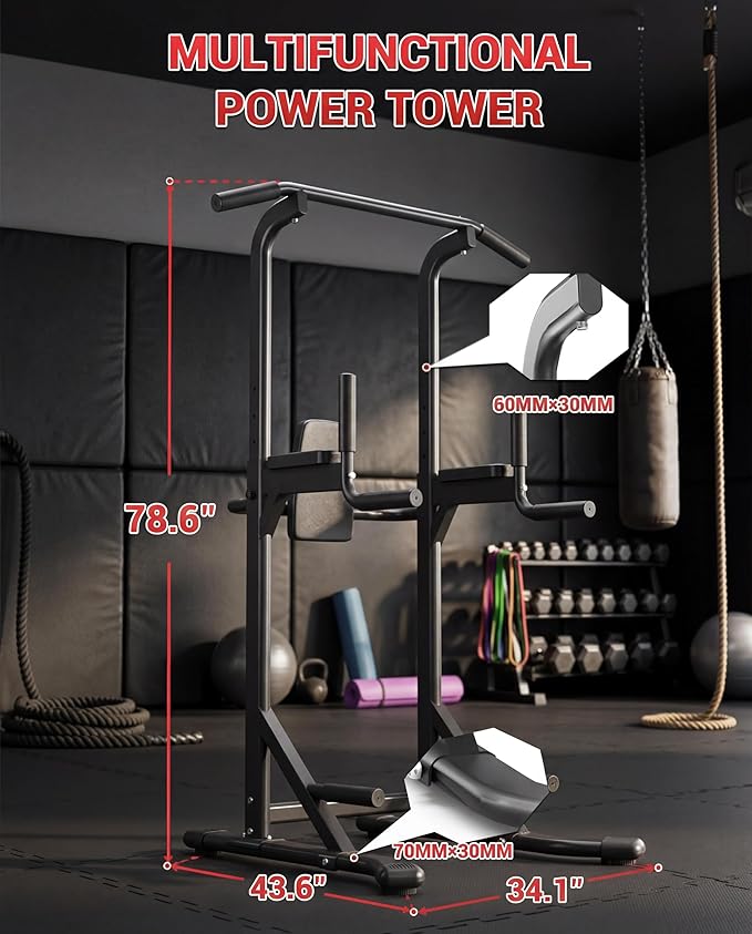 Power Tower Pull Up Bar Dip Station, 450LB Heavy Duty Carbon Steel Pullup Stand for Home Gym, Freestanding Strength Training Equipment, Bodyweight Workout Station, Indoor Fitness Rack, Chin Up Dip Bar