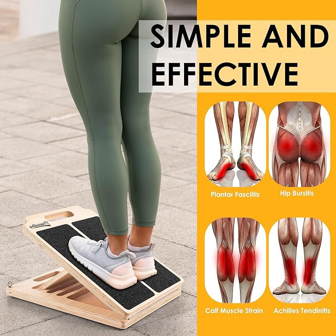 Wooden Slant Board for Calf Stretching, Adjustable Portable Incline Board with 10 - pound Pull Rope, Comes with Training Poster, 300 Lbs Weight Capacity for Leg, Knees and Ankle Stretching