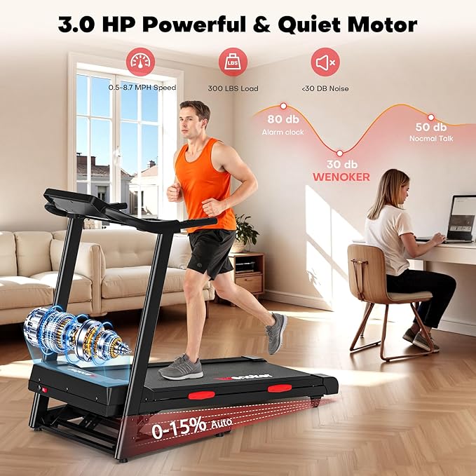 Treadmill with Incline for Home, WENOKER 15% Auto Incline Treadmill with Handrail 300 lbs Capacity, 3.0HP Quiet Walking Pad Tread mill with App, Portable Folding Tread mill with Heart Rate & Wide Belt