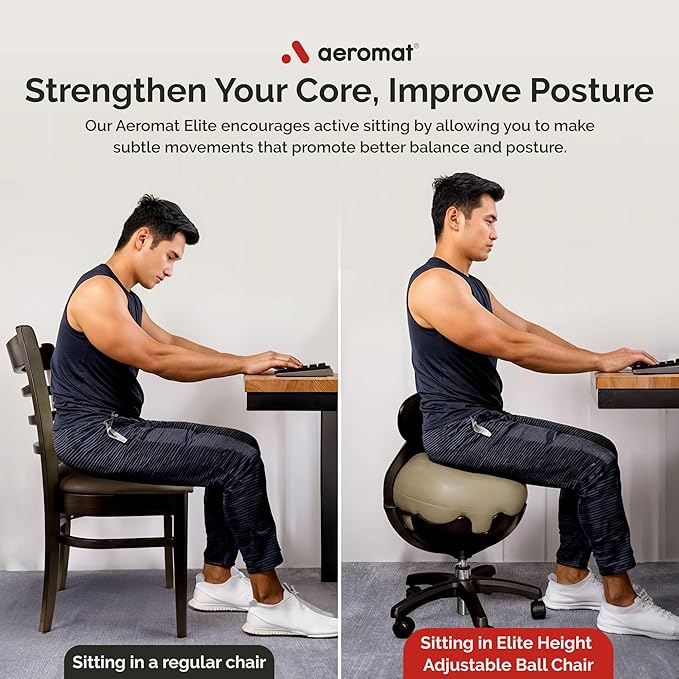 Aeromat Elite Yoga Ball Chair for Office & Home 250lbs Cap – Ergonomic Balance Ball Desk Chair w/Lockable Wheels,Adjustable Height, Anti-Burst Removable Ball, Back Support for Posture & Core Relief