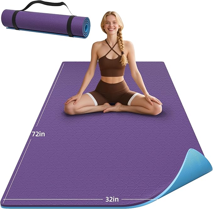 HAHE Yoga Mat Thick, 72"x32"x0.4"Th (10mm), Wide Non-Slip Exercise Mat with Carry Strap, Double-Sided POE Fitness Mat for Yoga, Pilates & Floor Workouts