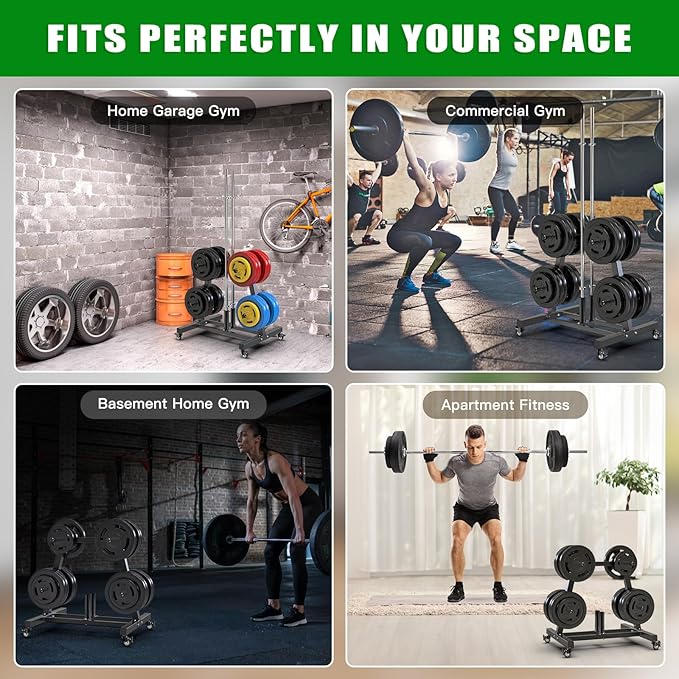 SELEWARE Olympic Weight Plate Tree Rack with 8 Weight Pegs & 2 Barbell Holders, Heavy-Duty Steel Gym Storage Organizer with Locking Wheels for 2 Inch Olympic Plates & Bars