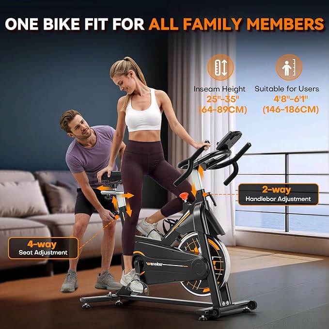 Exercise Bike, Wenoker Stationary Bike for Home App Sync Indoor Bike with Adjustable Seat and Multi-grips Handlebar, Transport Wheels and Fitness Courses for Weight Loss
