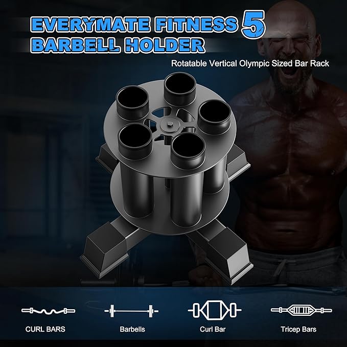 EVERYMATE Vertical Barbell Holder : Rotatable Barbell Holder Floor Stand, Heavy Duty Barbell Rack Stand Fit 2-Inch Olympic Bars, Curl Bars, Triceps Bars Home Gym Organizer Barbell Storage
