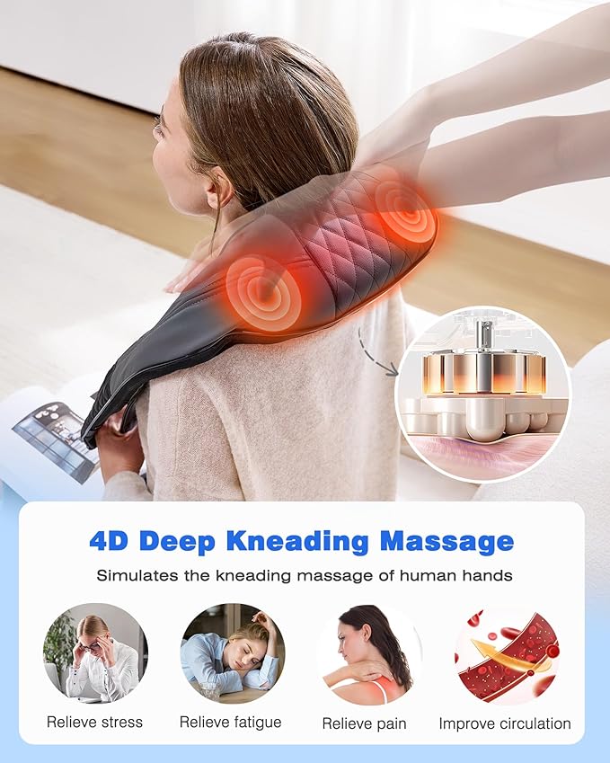 KINGJOY Neck and Shoulder Massager with Heat, Shiatsu Neck and Back Massager for Back, Shoulder, Legs, 2025 Upgraded 4D Kneading Deep Tissue Pain Relief, Gifts for Women/Men/Mom/Dad, Plug-in Use Only