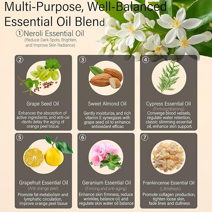 3.4 fl oz Anti-Cellulite Massage Oil with 7 Pure Natural Essential Oils for Body Massage Therapy, SPA, Tightening Skin and Reducing Stretch Marks(Neroli Scent)
