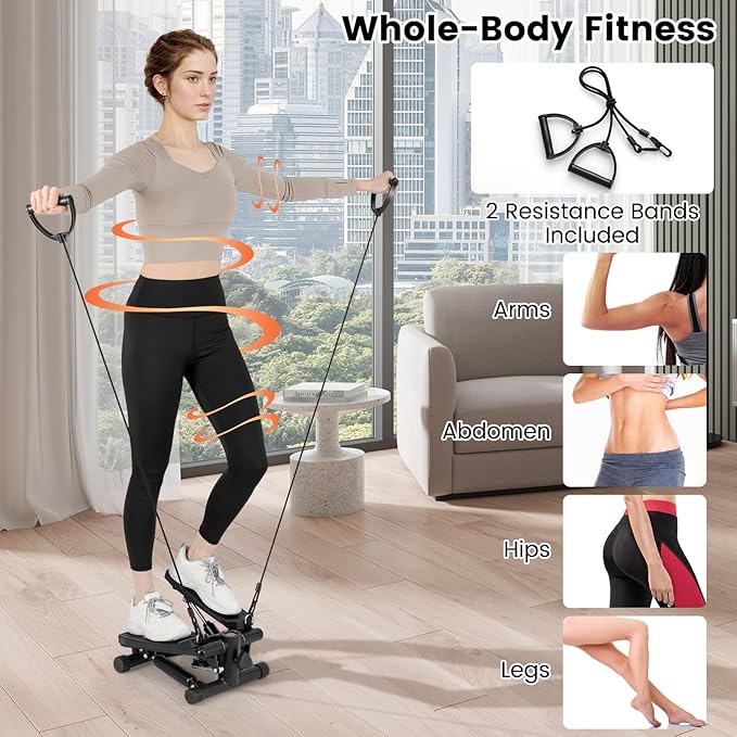 Mini Stair Steppers for Exercise at Home, Hydraulic Step Climber Machine with Resistance Bands & LCD Monitor, Portable Under Desk Stepper for Full Body Cardio Workout